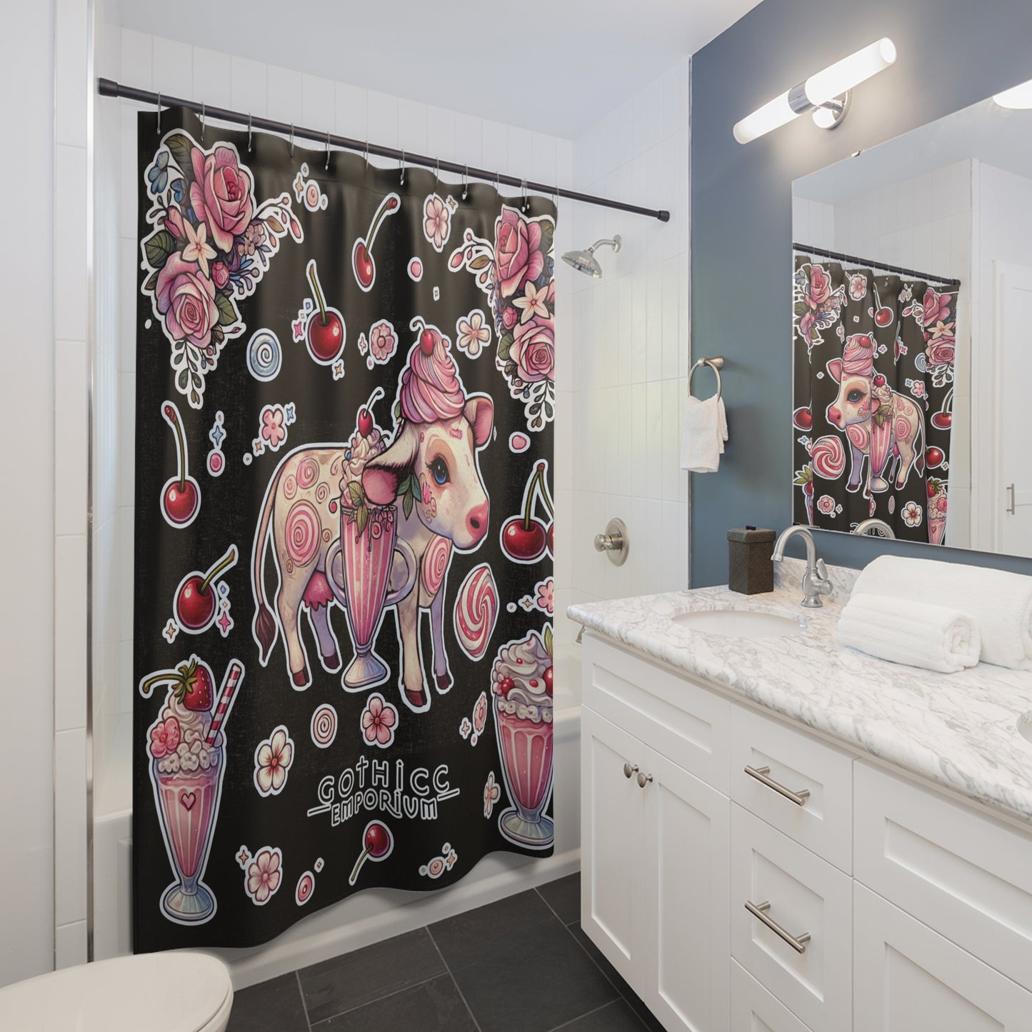 “Milkshake Cow” Shower Curtain in Black — dairy drama, bathroom glam, and curves that cling 🐄🥤🛁✨