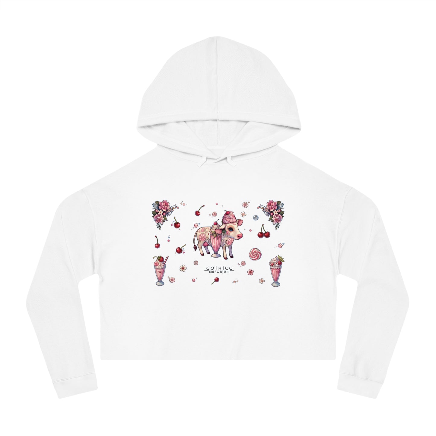 🍓“Milkshake Cow” Cropped Hooded Sweatshirt — thick-cut charm with a mooo-dy twist 🐄🥤🖤✨