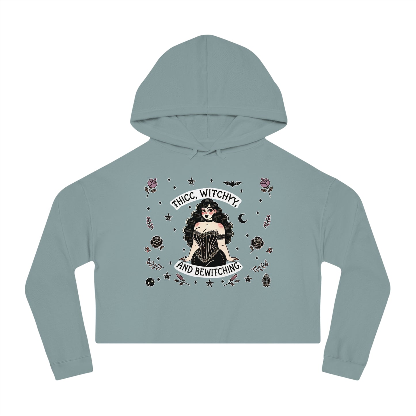 🌙 “Thicc Witchyy” Cropped Hooded Sweatshirt — cropped, curvy, and conjuring chaos 🖤🕯️✨