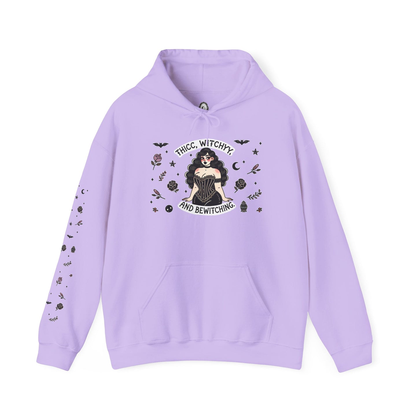 🔮“Thicc Witchyy” Unisex Heavy Blend™ Hooded Sweatshirt — curvy, cursed, and casting chaos 🖤🕯️🌙✨