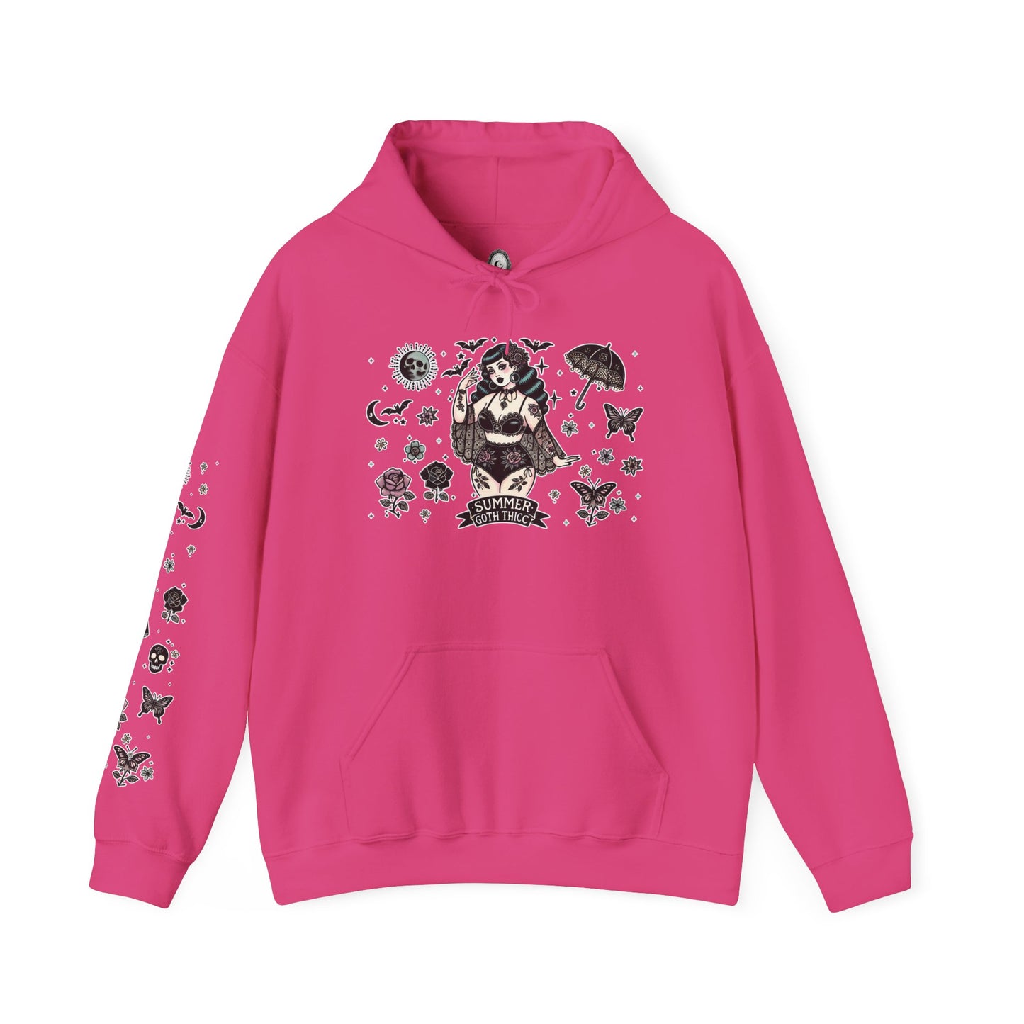 🕷️“Summer Goth Thicc” Unisex Heavy Blend™ Hooded Sweatshirt — hot, haunted, and too bold to melt 🖤🌞🕶️🕷️