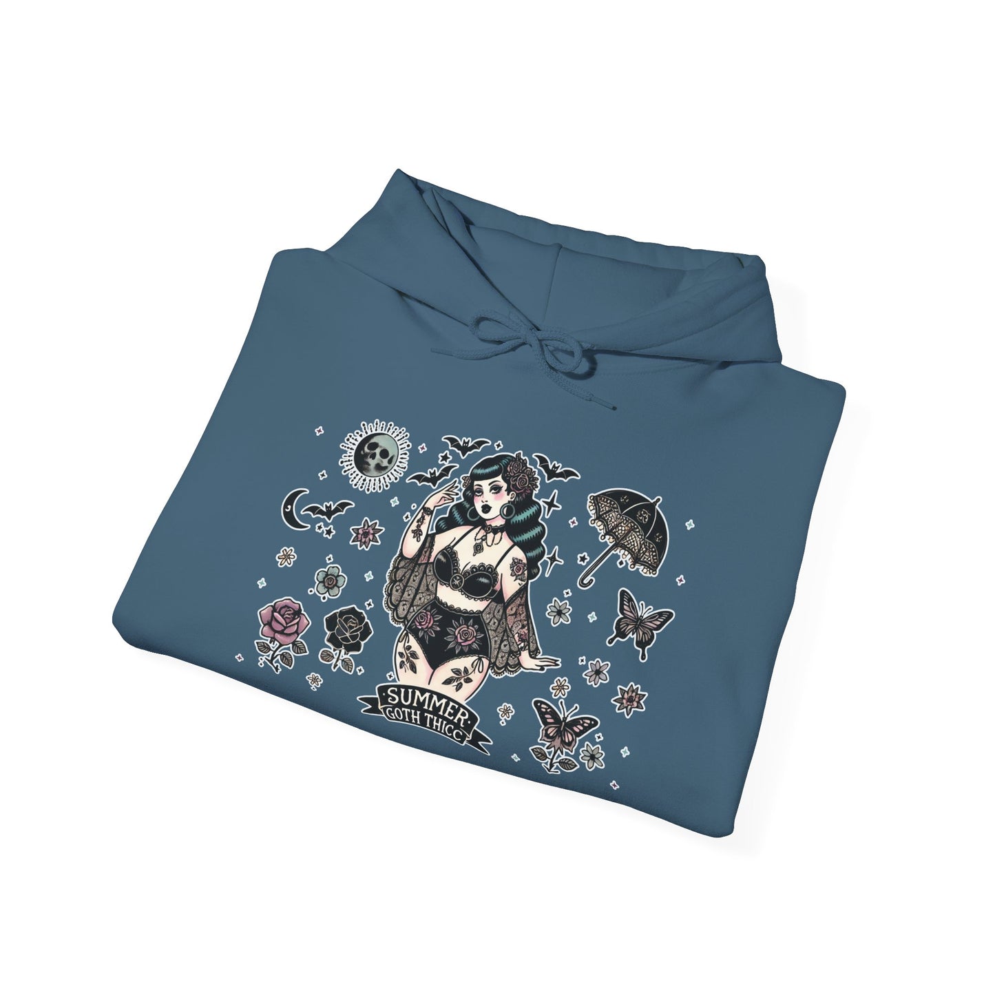 🕷️“Summer Goth Thicc” Unisex Heavy Blend™ Hooded Sweatshirt — hot, haunted, and too bold to melt 🖤🌞🕶️🕷️