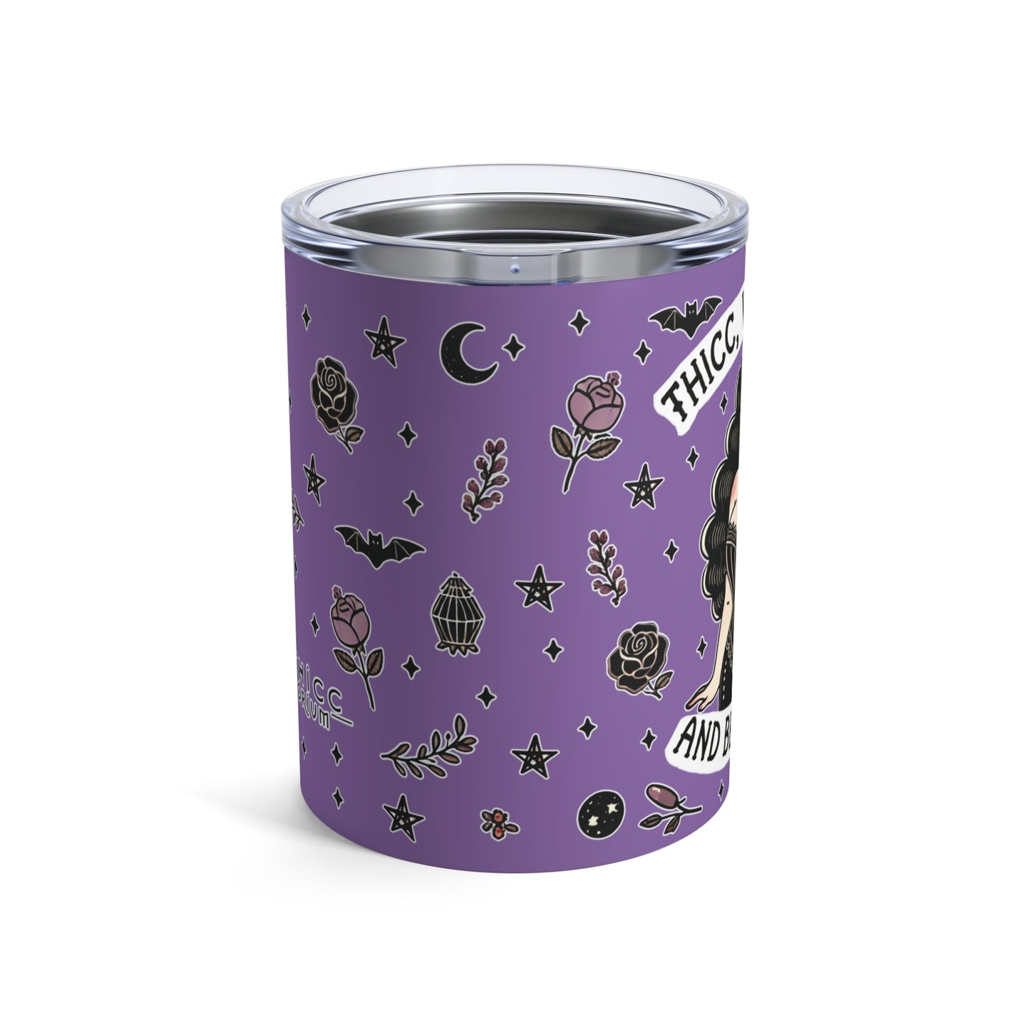 “Thicc Witchyy” Tumbler – 10oz in purple — brewed bold, served hot, and built for curves & curses 🧹🔥🖤✨