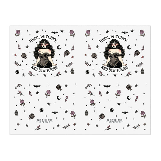 “Thicc Witchyy” Sticker Sheet – 11x8.5 — curvy, cursed, and casting spells in style 🔮🖤🌙🍑