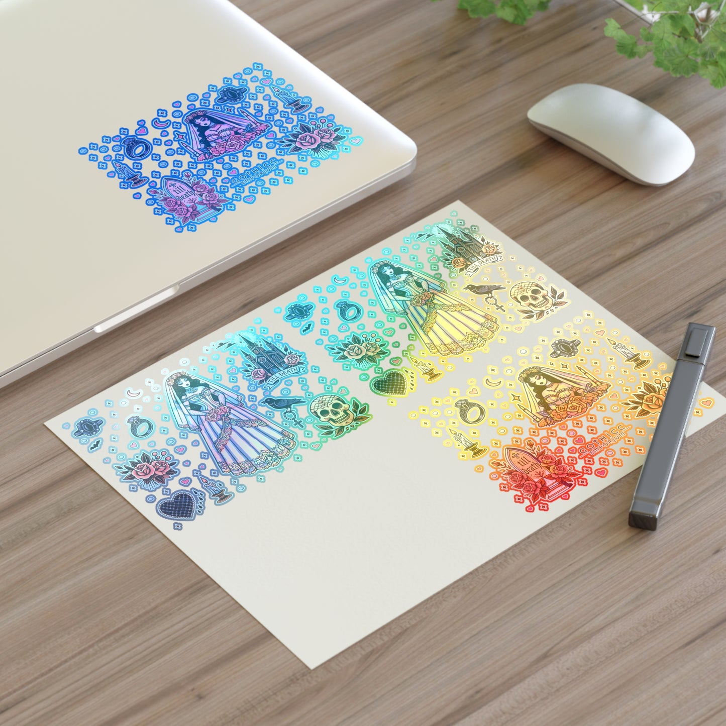 “Bride” Holographic Sticker Sheet – 11x8.5 — spooky shimmer for your wifey era 💍👰♀️🖤🌈