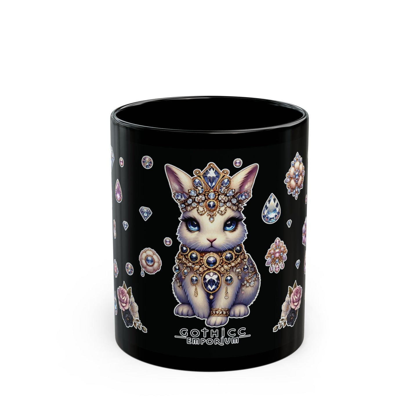 “Jeweled Bunny” Black Mug – 11oz & 15oz — sweet sips with sharp sparkle 🐰💅💎🖤