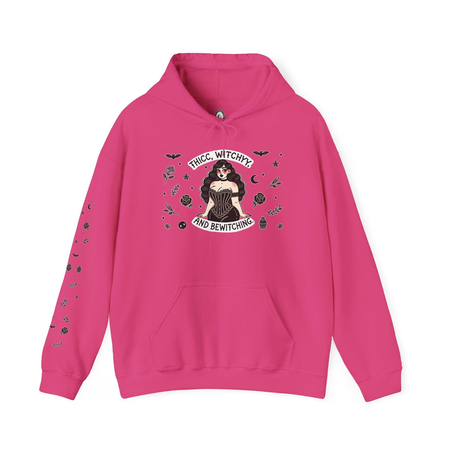 🔮“Thicc Witchyy” Unisex Heavy Blend™ Hooded Sweatshirt — curvy, cursed, and casting chaos 🖤🕯️🌙✨