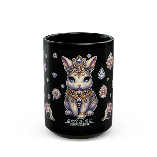 “Jeweled Bunny” Black Mug – 11oz & 15oz — sweet sips with sharp sparkle 🐰💅💎🖤