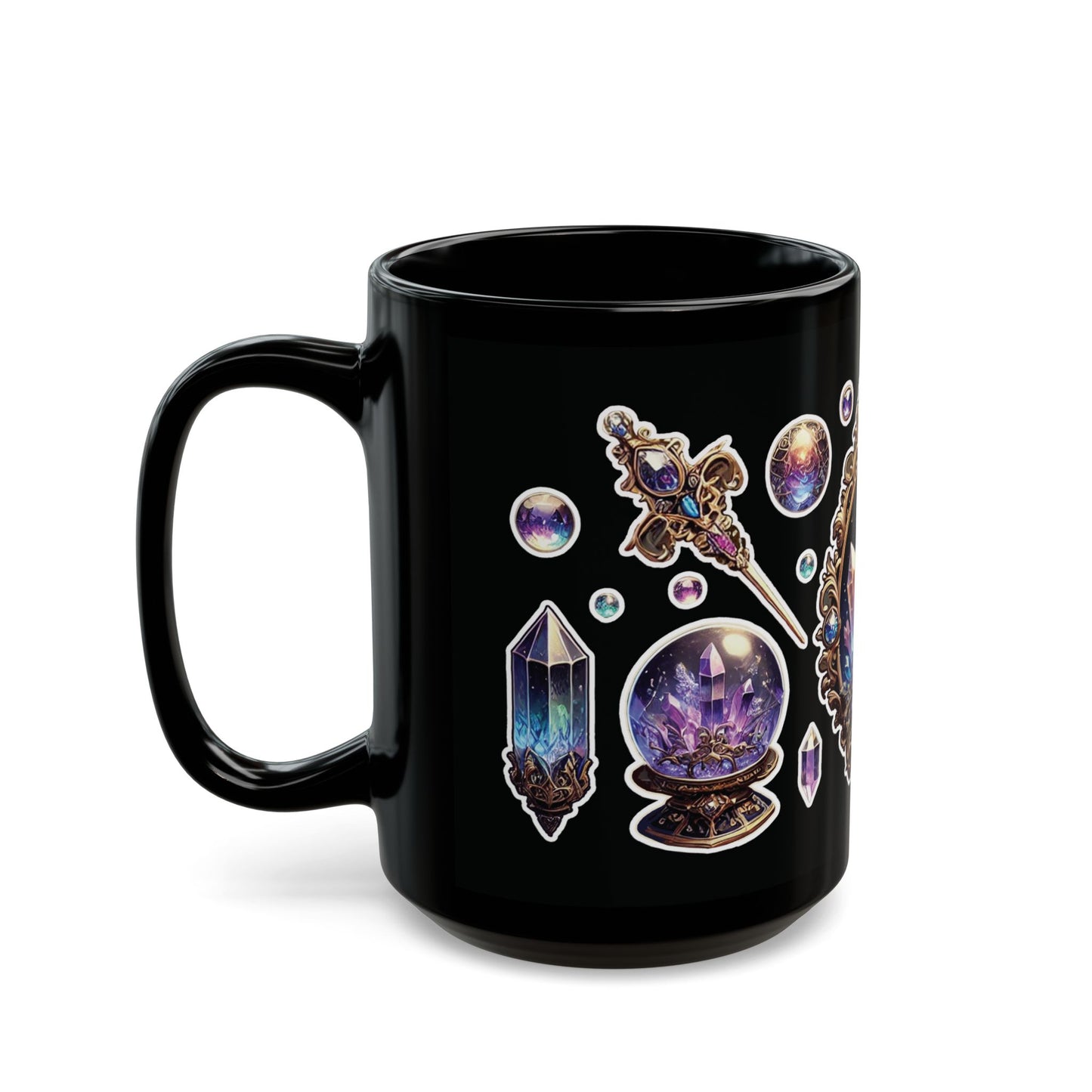 “Crystal Gem” Black Mug (11oz & 15oz) — mystical, moody, and made for magic sips 💎☕🌑✨
