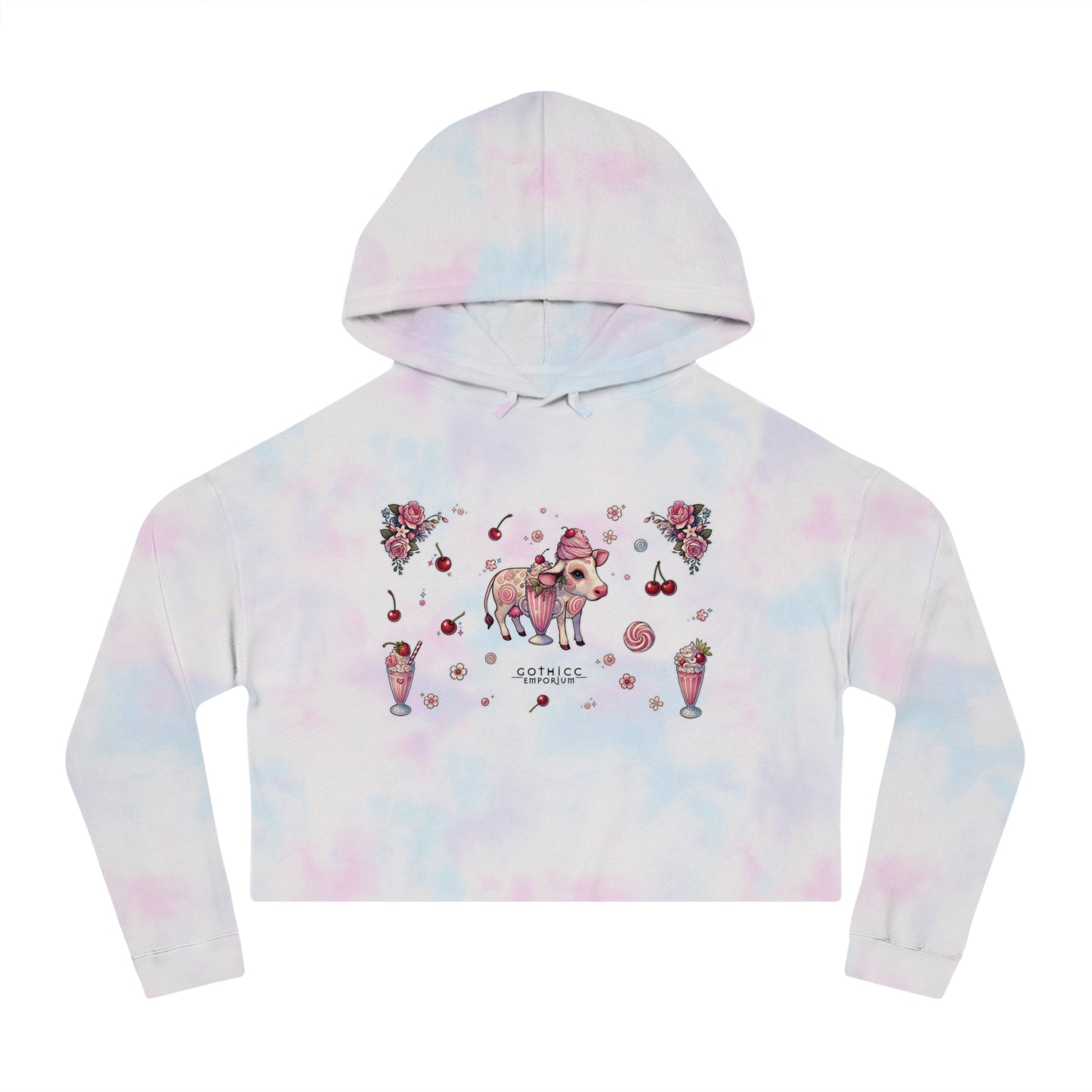🍓“Milkshake Cow” Cropped Hooded Sweatshirt — thick-cut charm with a mooo-dy twist 🐄🥤🖤✨