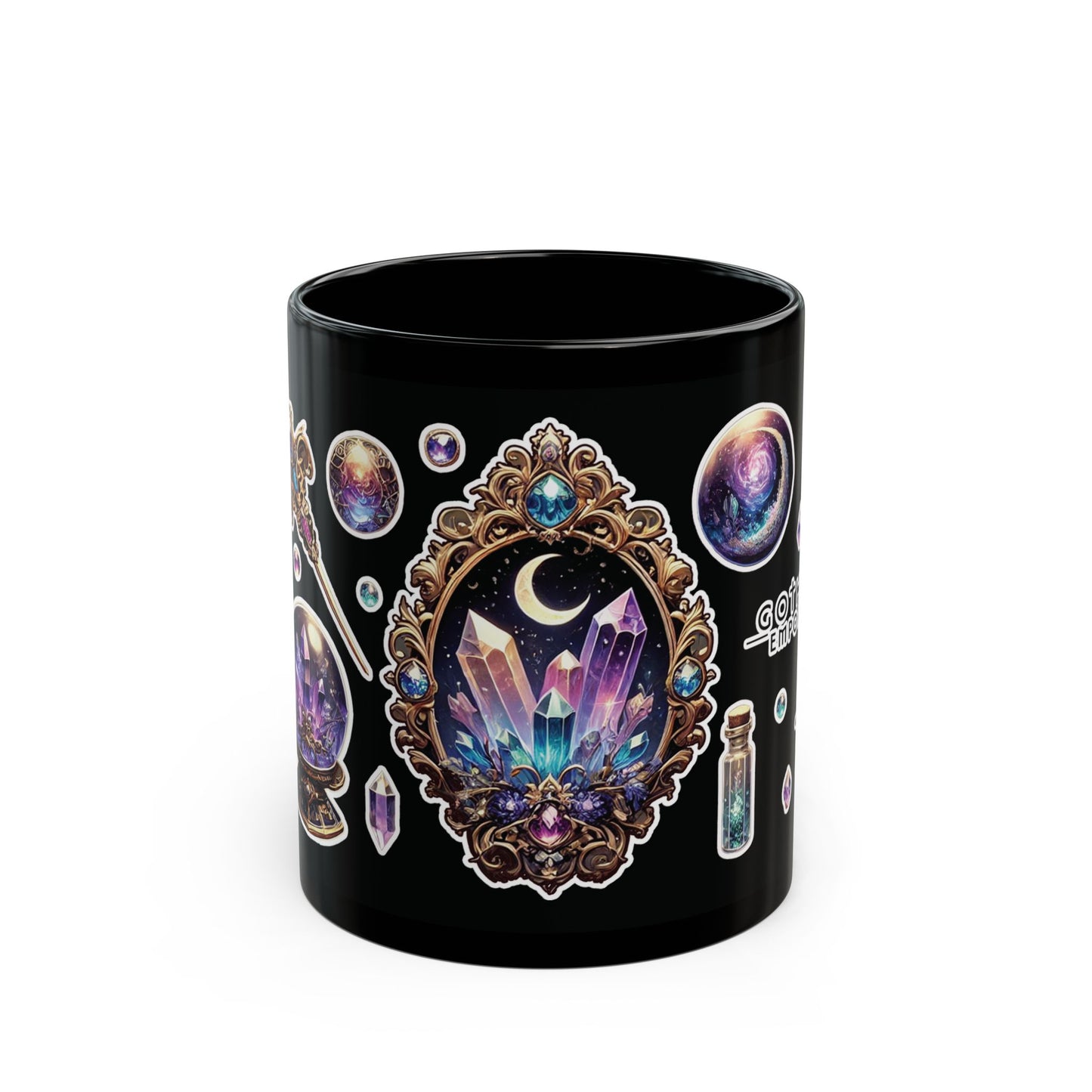 “Crystal Gem” Black Mug (11oz & 15oz) — mystical, moody, and made for magic sips 💎☕🌑✨