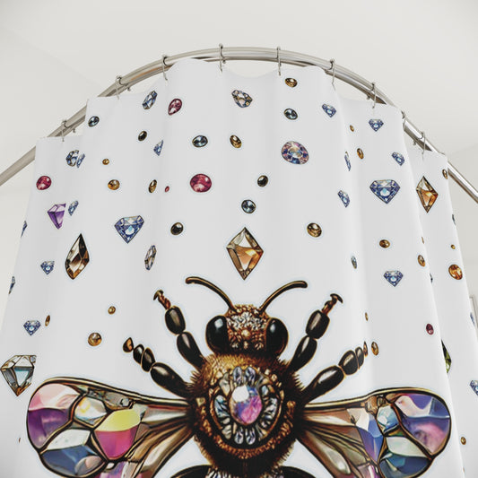 “BEEJEWEL” Shower Curtain – White — buzzworthy beauty with a hex appeal 🐝💎🚿🖤