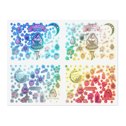 “Berry Bewitched” Holographic Sticker Sheet – 11x8.5 — sugar, sparkle, and just a hint of poison 🍓🌈🖤🔮