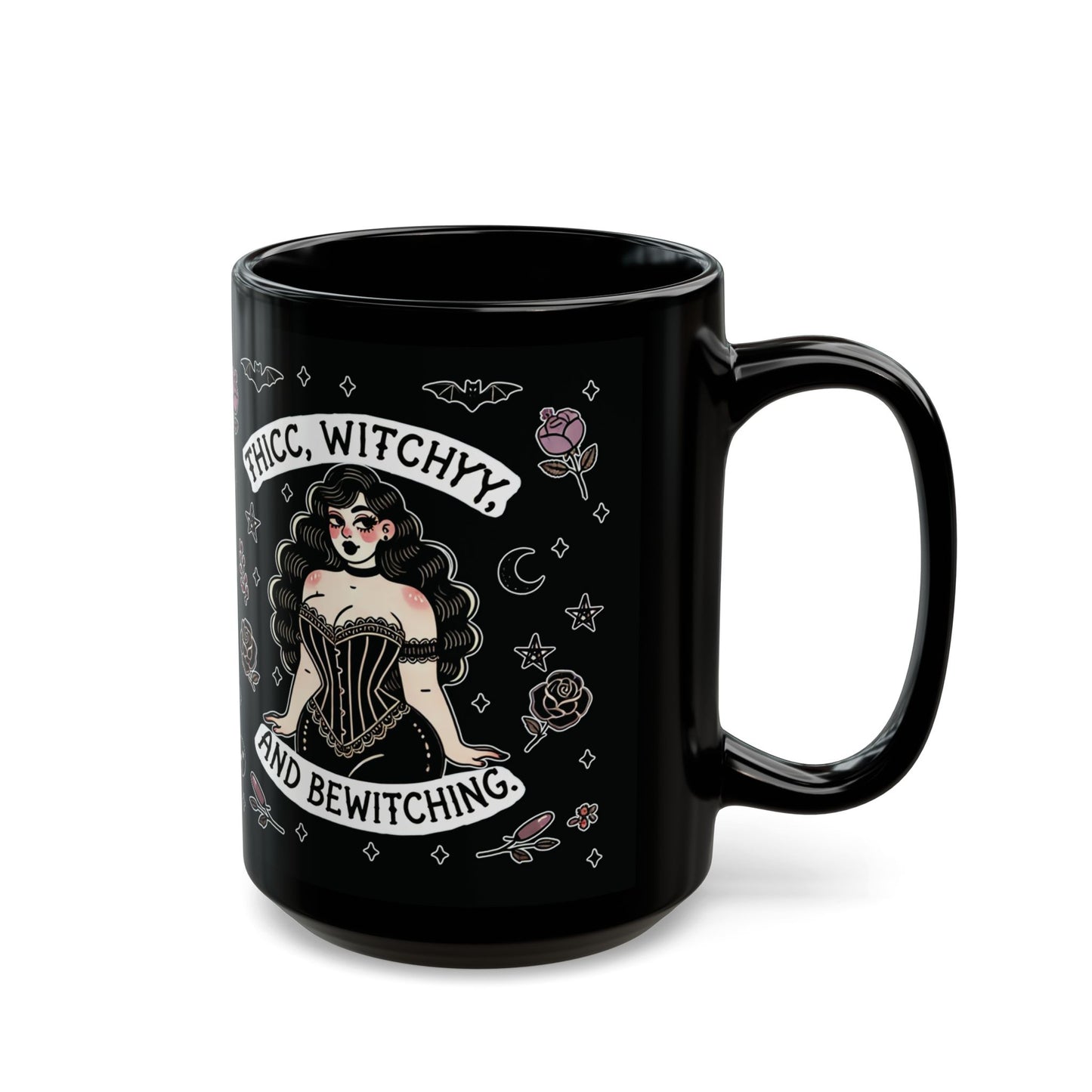 “Thicc Witchyy” Black Mug – 11oz & 15oz — brewed hot, served hexed, and thick with power 🖤🔥🧙♀️☕