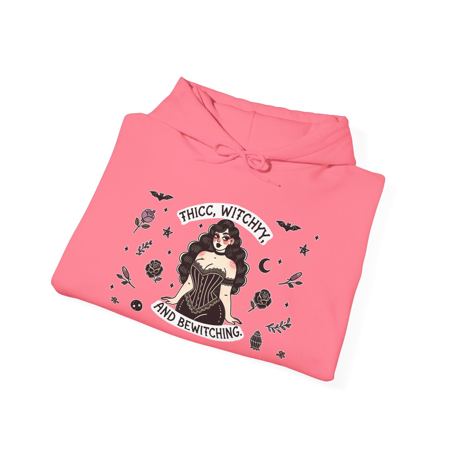 🔮“Thicc Witchyy” Unisex Heavy Blend™ Hooded Sweatshirt — curvy, cursed, and casting chaos 🖤🕯️🌙✨