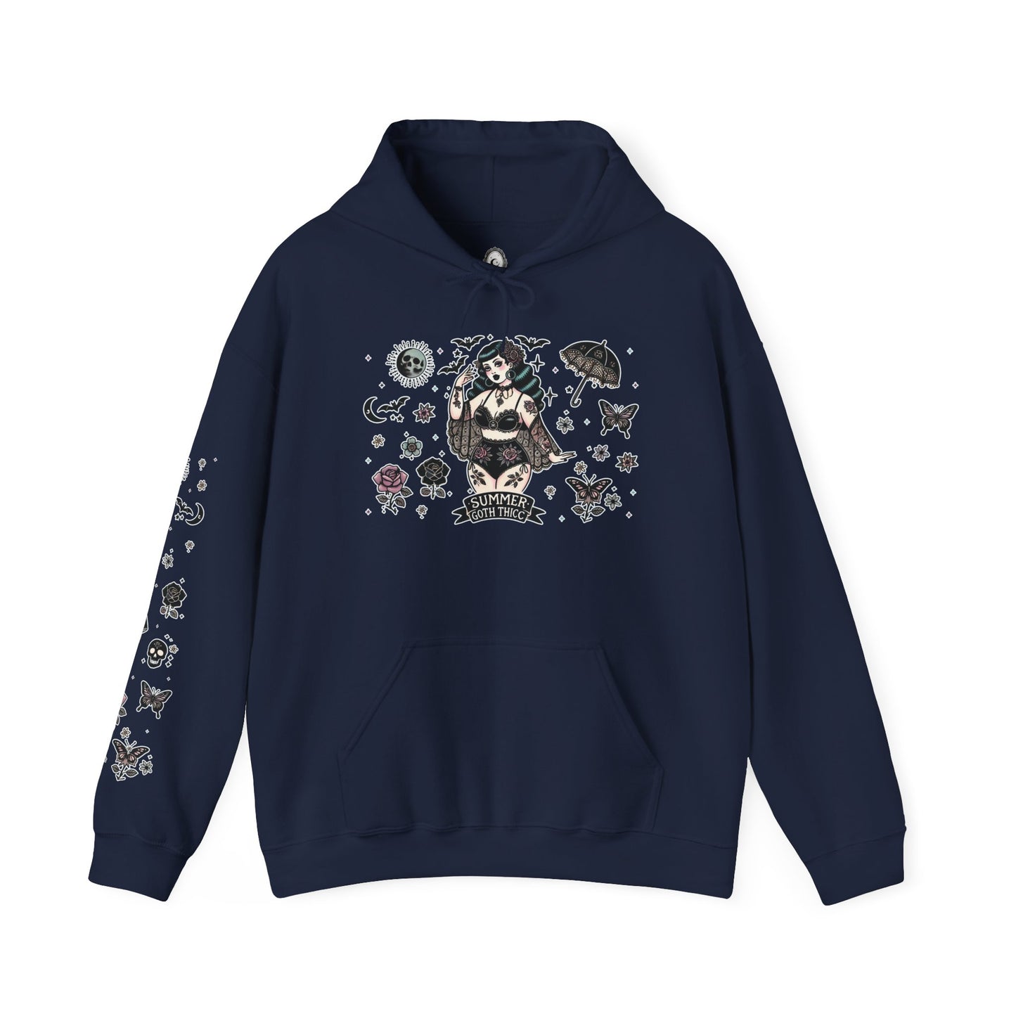 🕷️“Summer Goth Thicc” Unisex Heavy Blend™ Hooded Sweatshirt — hot, haunted, and too bold to melt 🖤🌞🕶️🕷️