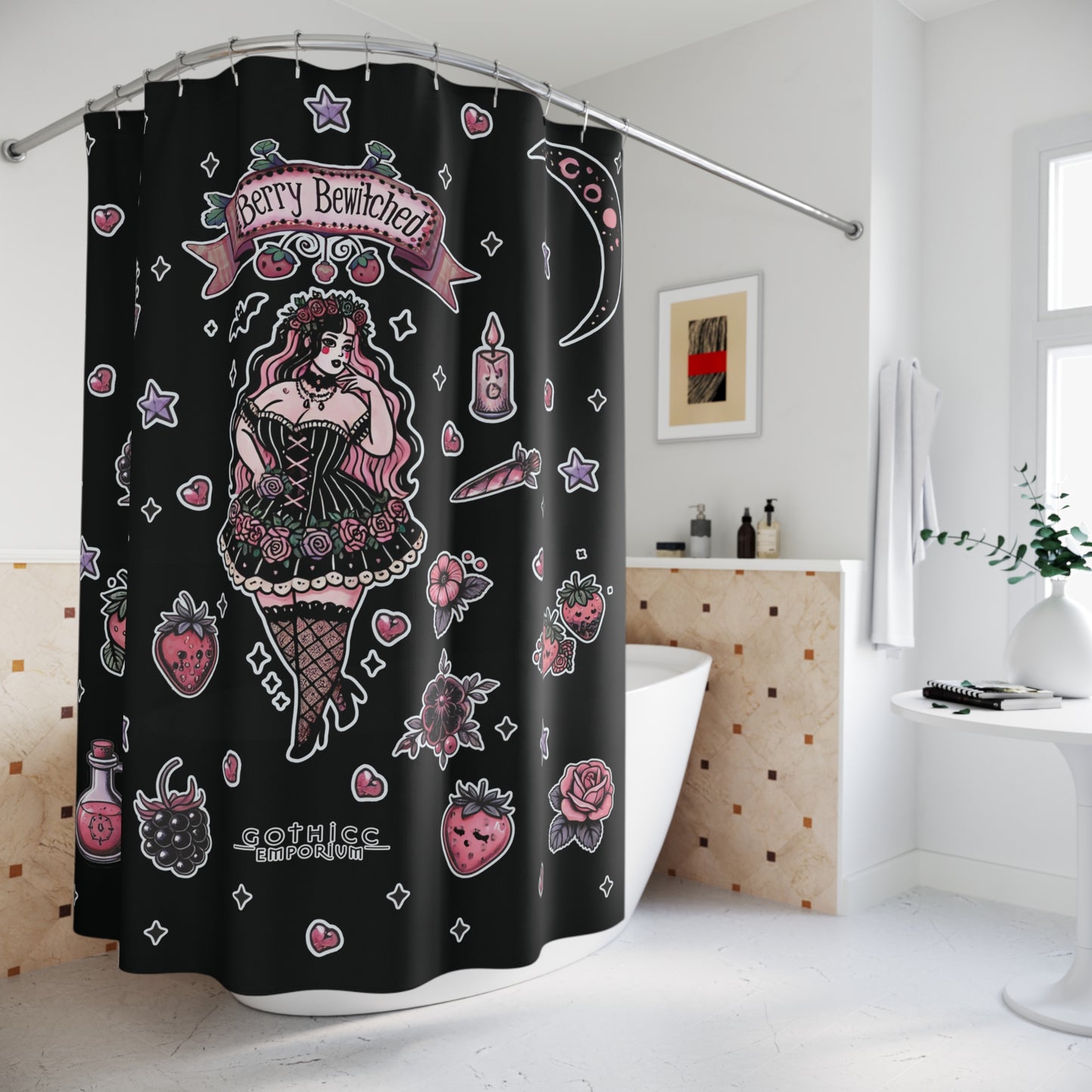“Berry Bewitched” Shower Curtain – Black — sweet spells & cursed cravings 🍓🔮🖤🚿