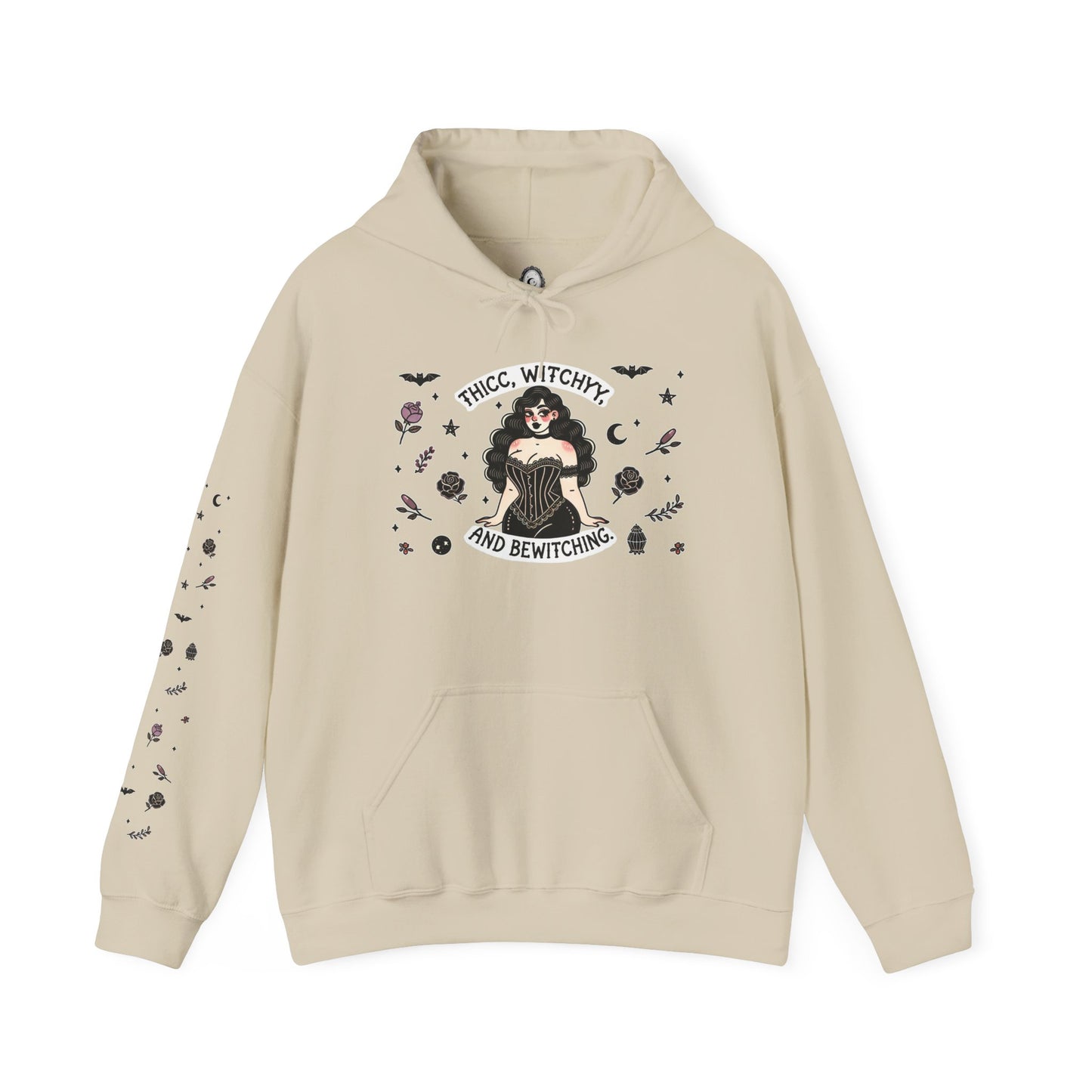 🔮“Thicc Witchyy” Unisex Heavy Blend™ Hooded Sweatshirt — curvy, cursed, and casting chaos 🖤🕯️🌙✨