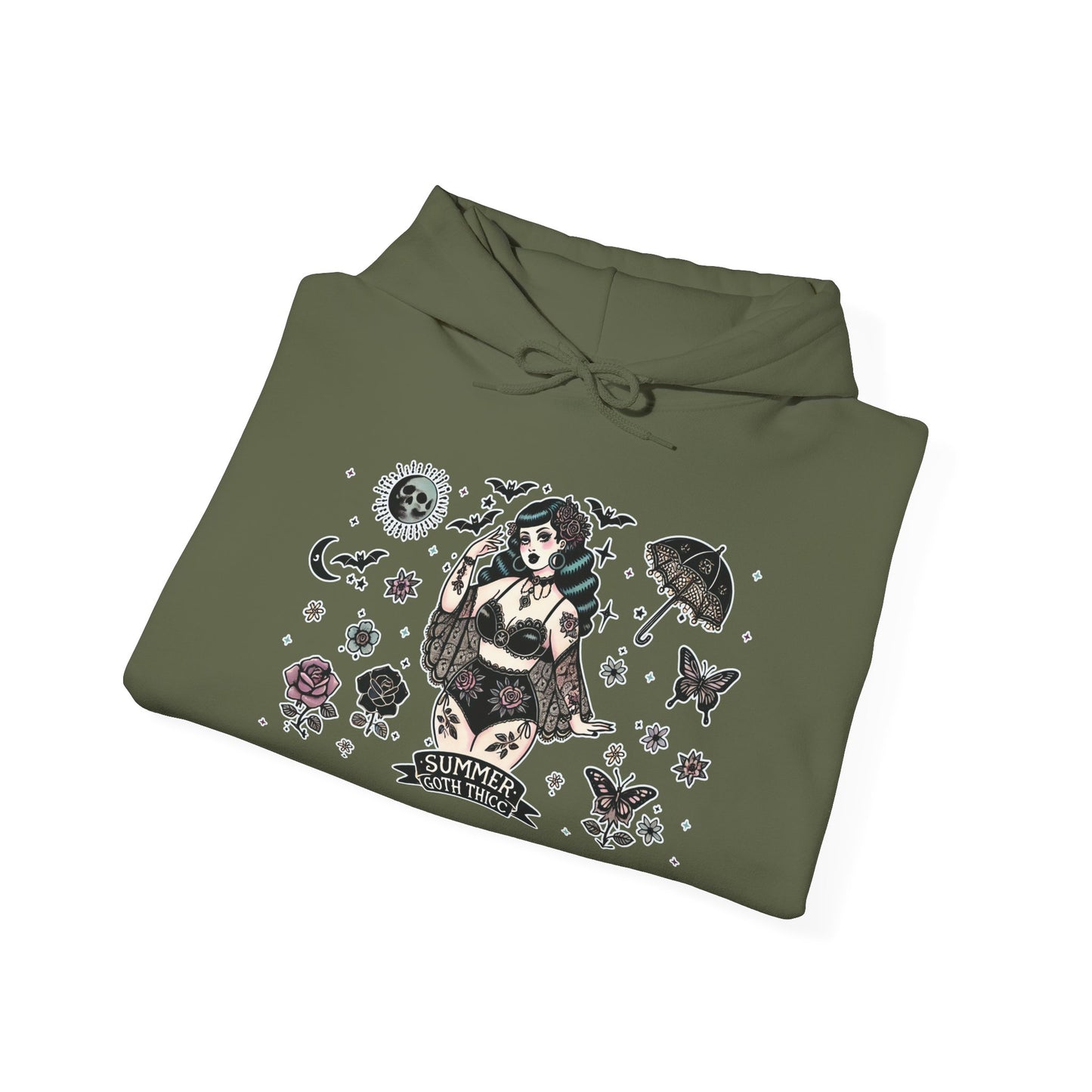 🕷️“Summer Goth Thicc” Unisex Heavy Blend™ Hooded Sweatshirt — hot, haunted, and too bold to melt 🖤🌞🕶️🕷️