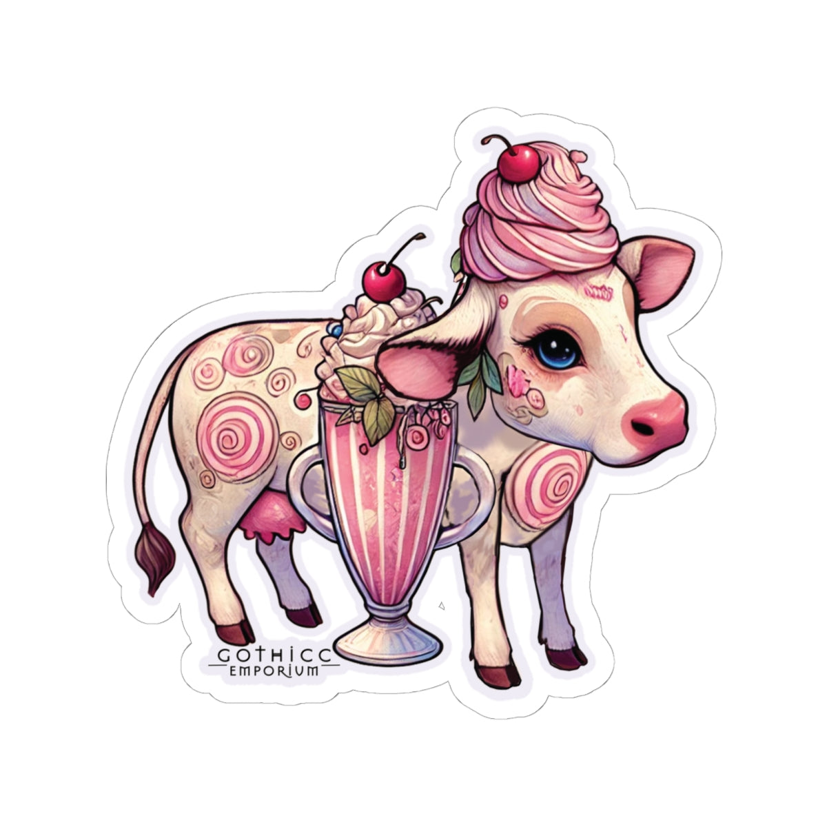 “Milkshake Cow” Kiss-Cut Sticker — dairy-core chaos with spooky-sweet sass 🐄🍓🖤✨