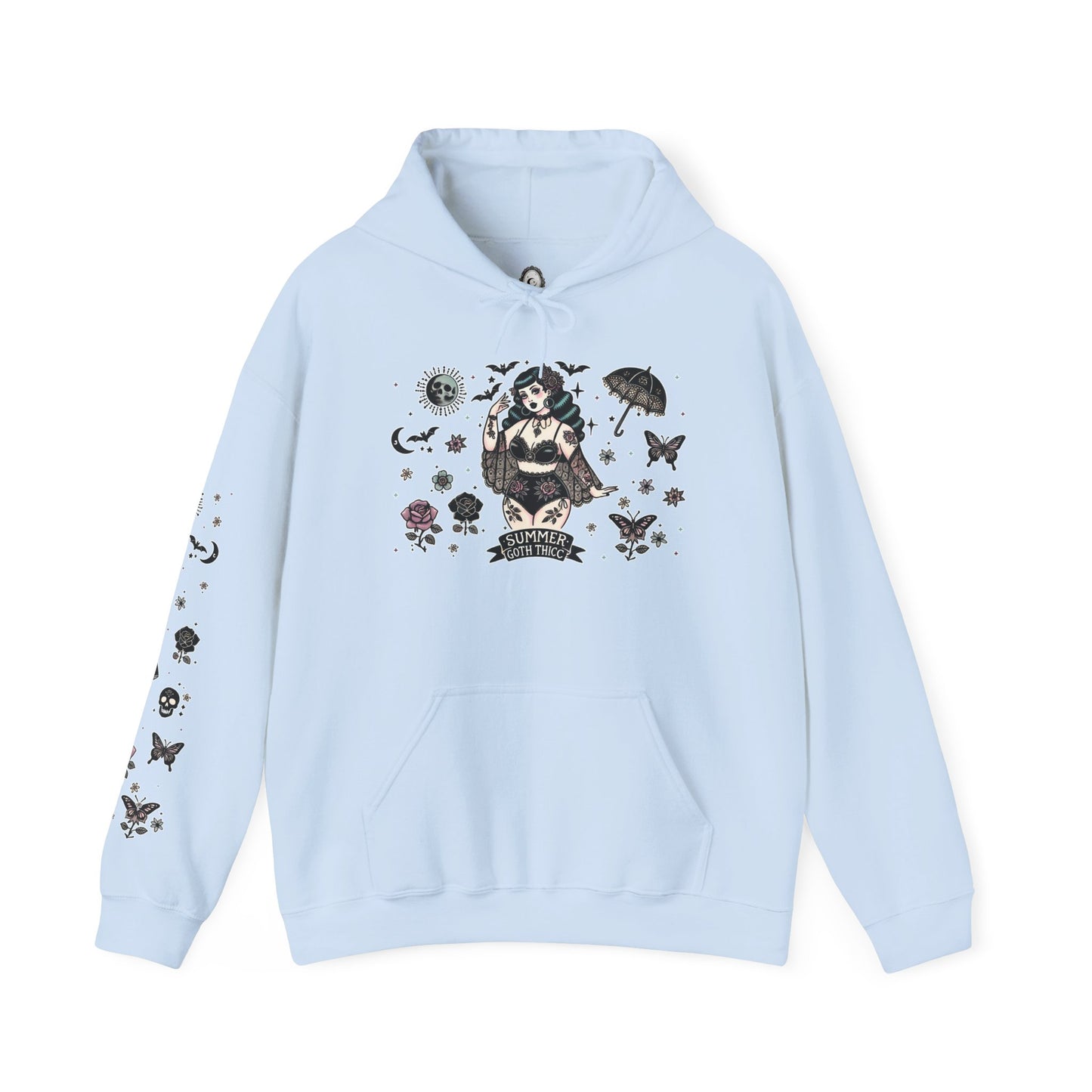 🕷️“Summer Goth Thicc” Unisex Heavy Blend™ Hooded Sweatshirt — hot, haunted, and too bold to melt 🖤🌞🕶️🕷️
