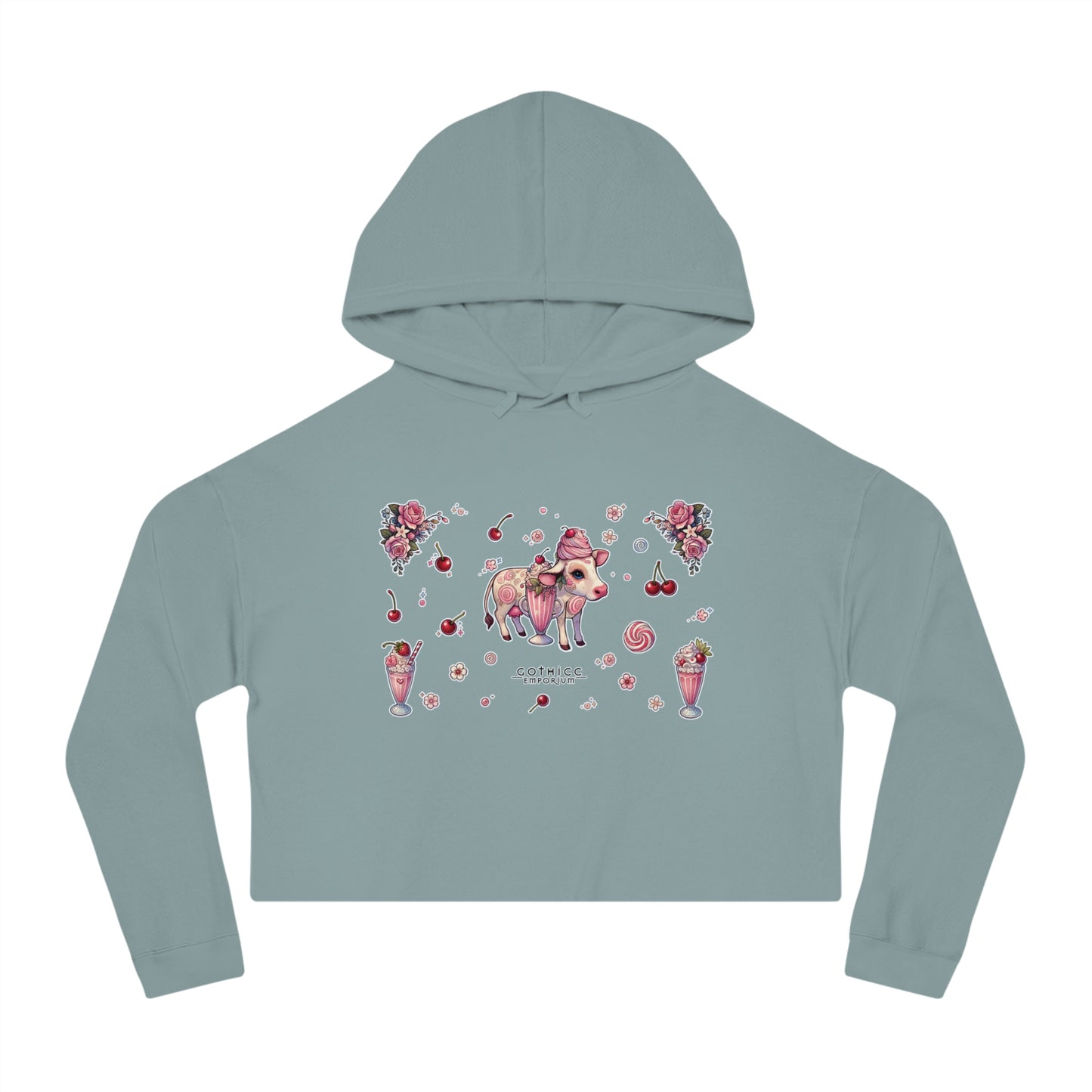🍓“Milkshake Cow” Cropped Hooded Sweatshirt — thick-cut charm with a mooo-dy twist 🐄🥤🖤✨