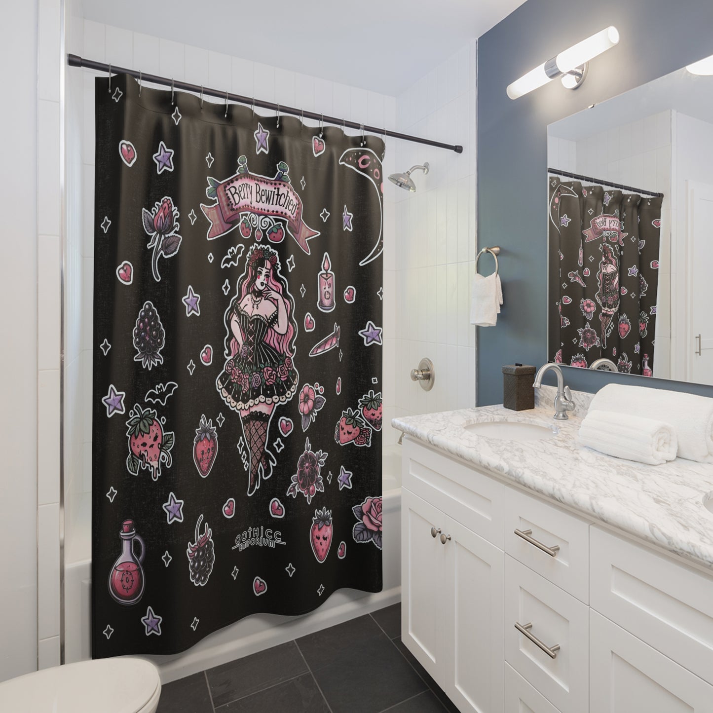 “Berry Bewitched” Shower Curtain – Black — sweet spells & cursed cravings 🍓🔮🖤🚿