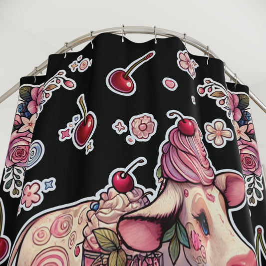 “Milkshake Cow” Shower Curtain in Black — dairy drama, bathroom glam, and curves that cling 🐄🥤🛁✨