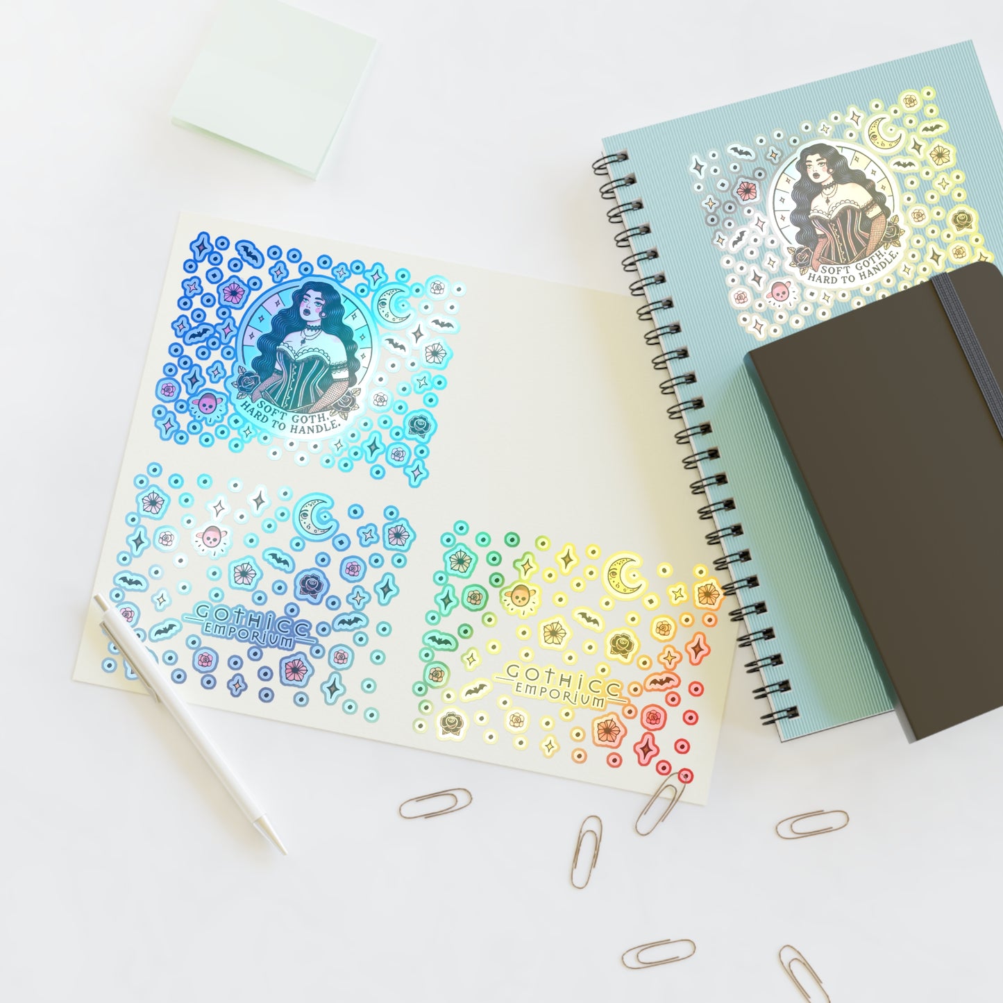 “Soft Goth” Holographic Sticker Sheet – 11x8.5 — pastel chills with a holographic thrill 🖤🌸🌈🕯️