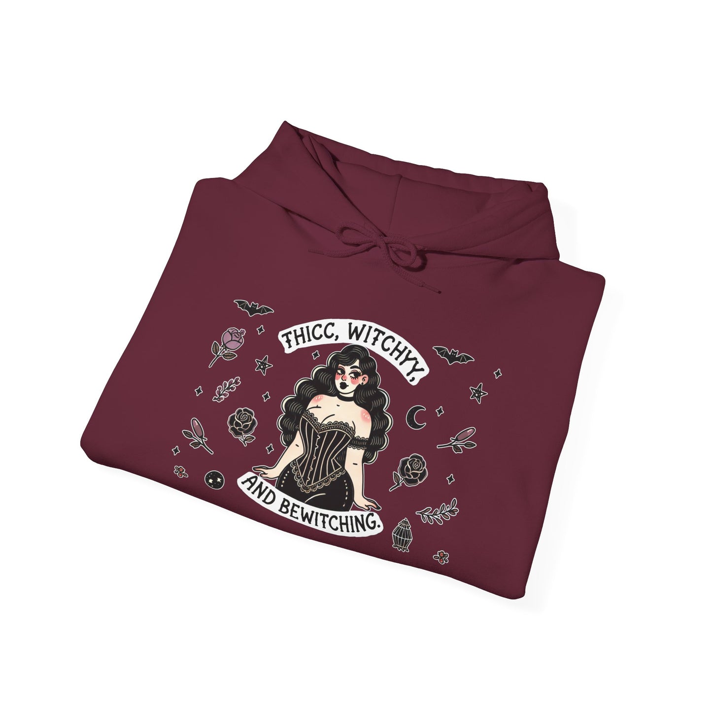 🔮“Thicc Witchyy” Unisex Heavy Blend™ Hooded Sweatshirt — curvy, cursed, and casting chaos 🖤🕯️🌙✨