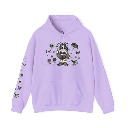 🕷️“Summer Goth Thicc” Unisex Heavy Blend™ Hooded Sweatshirt — hot, haunted, and too bold to melt 🖤🌞🕶️🕷️