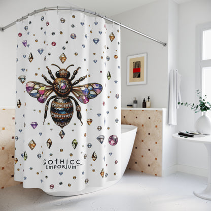 “BEEJEWEL” Shower Curtain – White — buzzworthy beauty with a hex appeal 🐝💎🚿🖤
