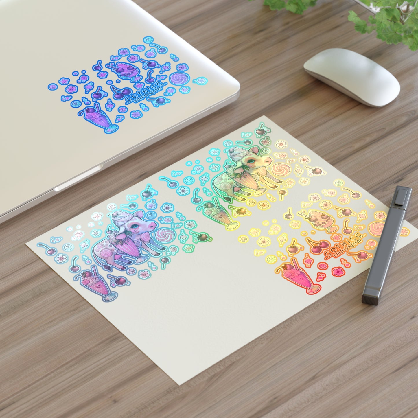 “Milkshake Cow” Holographic Sticker Sheet – 11x8.5 — dairy-core chaos in full sparkle mode 🐄🍓🌈