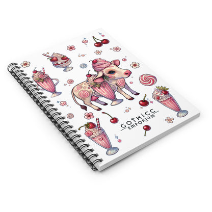 “Milkshake Cow” Spiral Notebook – Ruled Line in White — thick thoughts, creamy chaos, and pages full of attitude 🐄📓🍓🖤