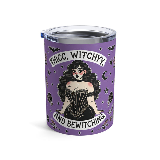 “Thicc Witchyy” Tumbler – 10oz in purple — brewed bold, served hot, and built for curves & curses 🧹🔥🖤✨
