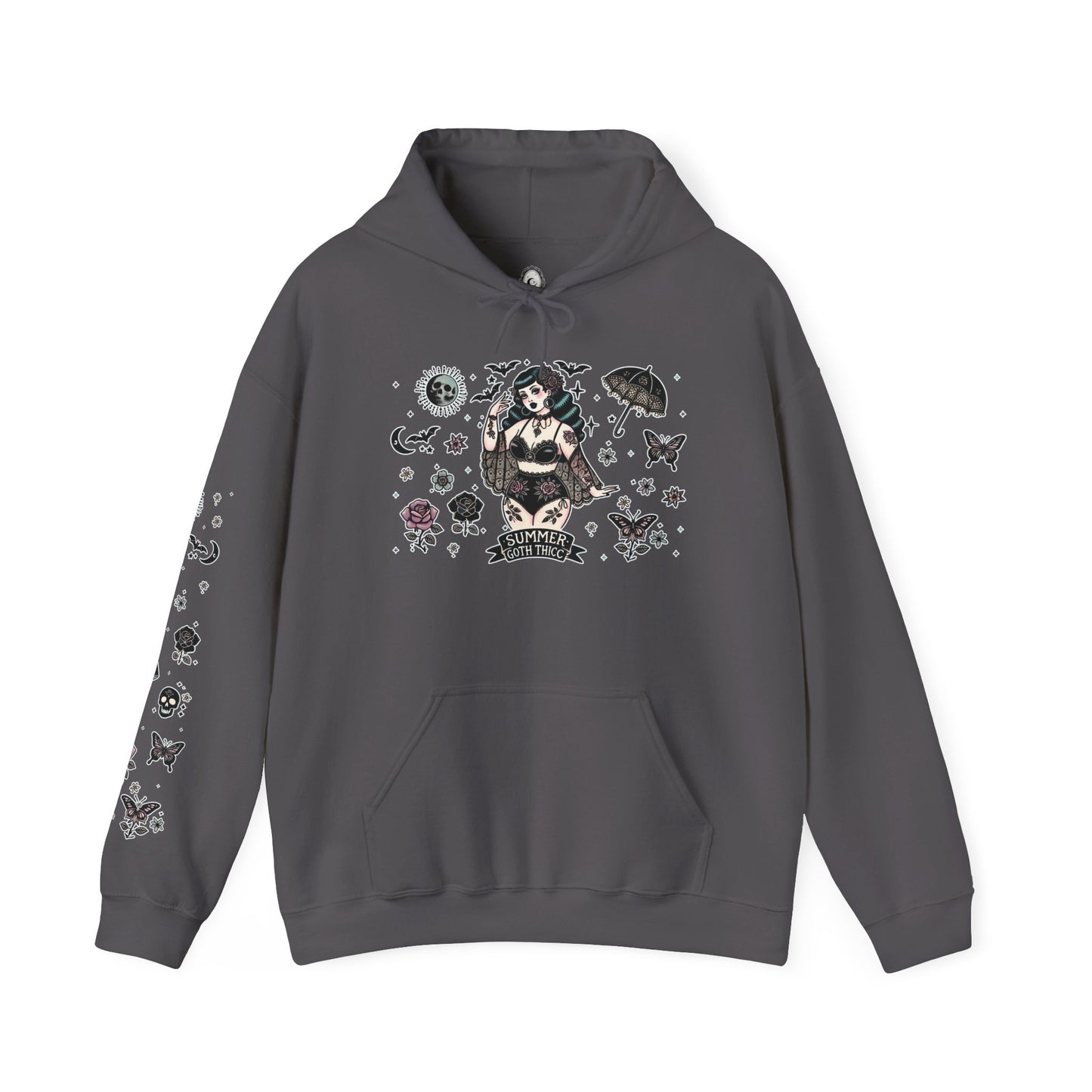 🕷️“Summer Goth Thicc” Unisex Heavy Blend™ Hooded Sweatshirt — hot, haunted, and too bold to melt 🖤🌞🕶️🕷️