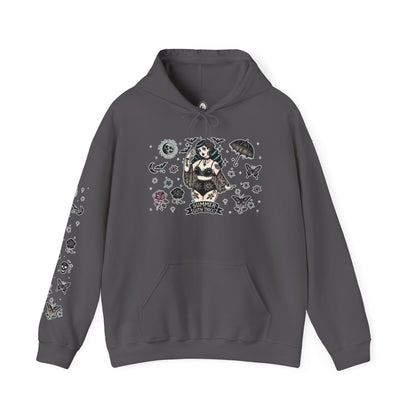 🕷️“Summer Goth Thicc” Unisex Heavy Blend™ Hooded Sweatshirt — hot, haunted, and too bold to melt 🖤🌞🕶️🕷️