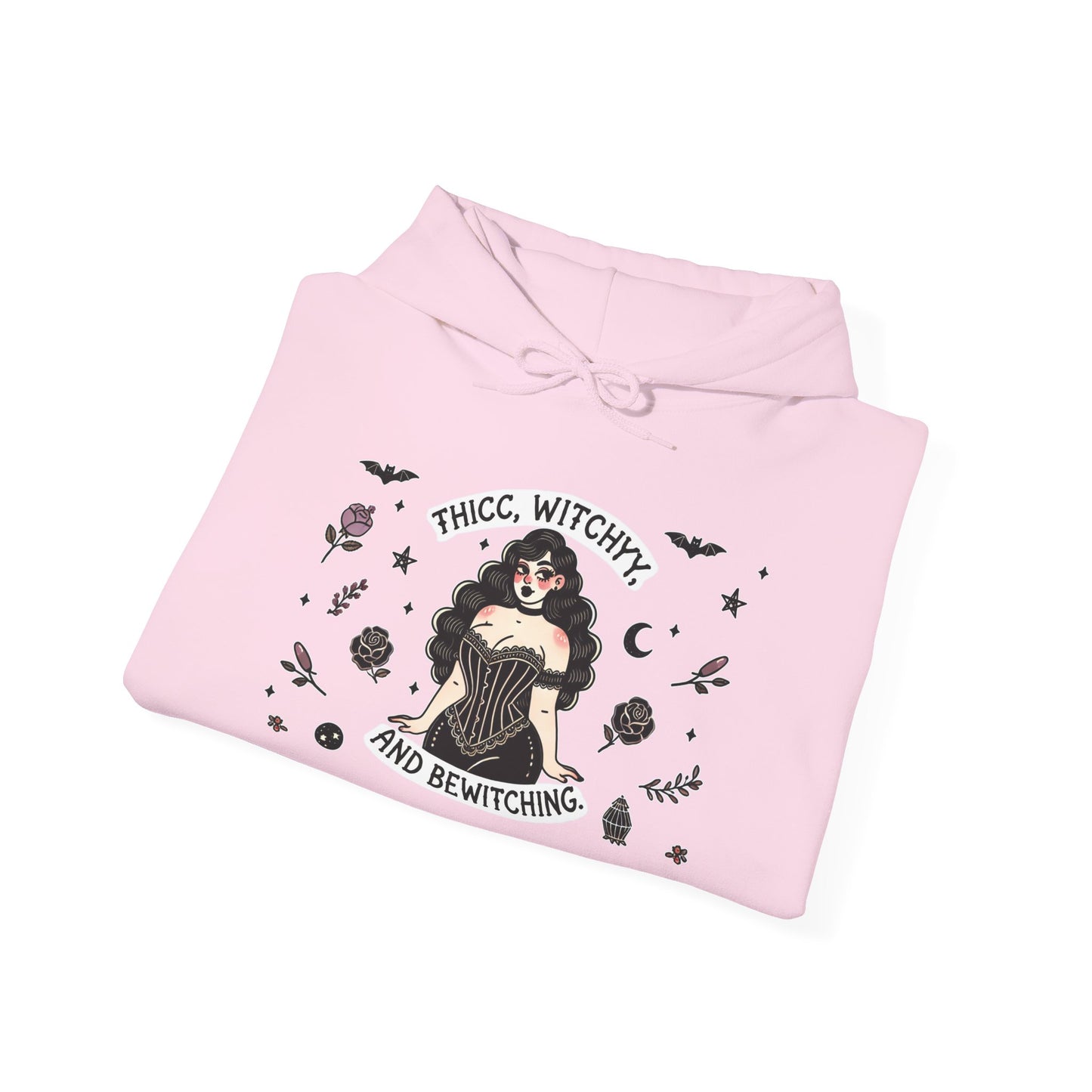 🔮“Thicc Witchyy” Unisex Heavy Blend™ Hooded Sweatshirt — curvy, cursed, and casting chaos 🖤🕯️🌙✨