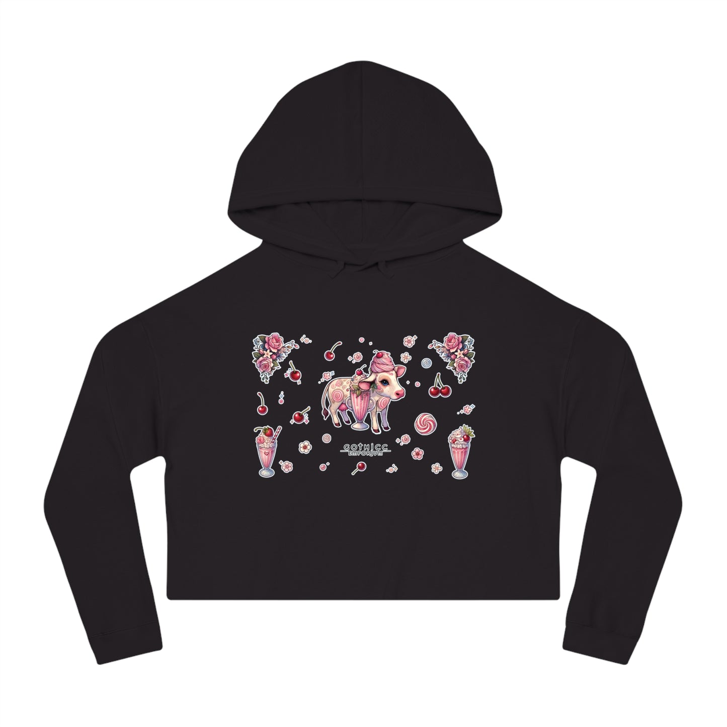 🍓“Milkshake Cow” Cropped Hooded Sweatshirt — thick-cut charm with a mooo-dy twist 🐄🥤🖤✨