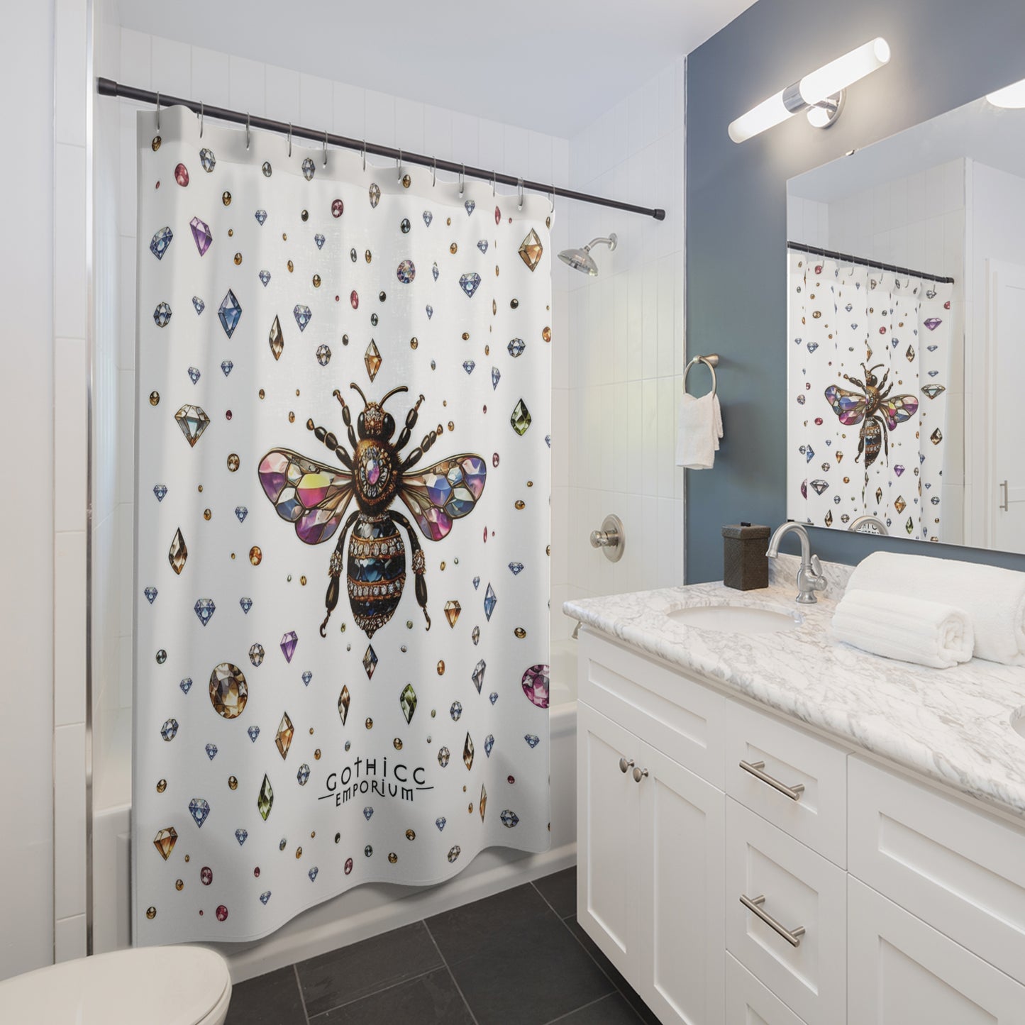 “BEEJEWEL” Shower Curtain – White — buzzworthy beauty with a hex appeal 🐝💎🚿🖤
