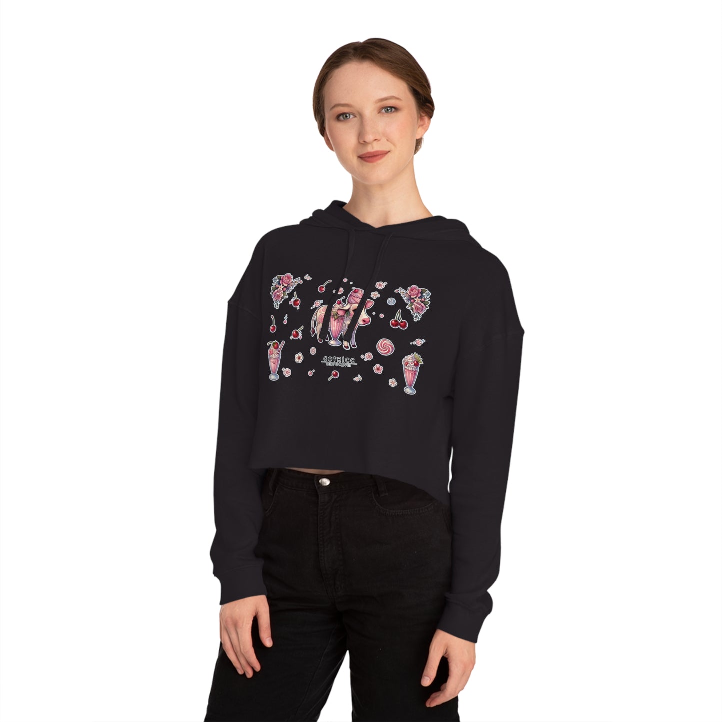🍓“Milkshake Cow” Cropped Hooded Sweatshirt — thick-cut charm with a mooo-dy twist 🐄🥤🖤✨