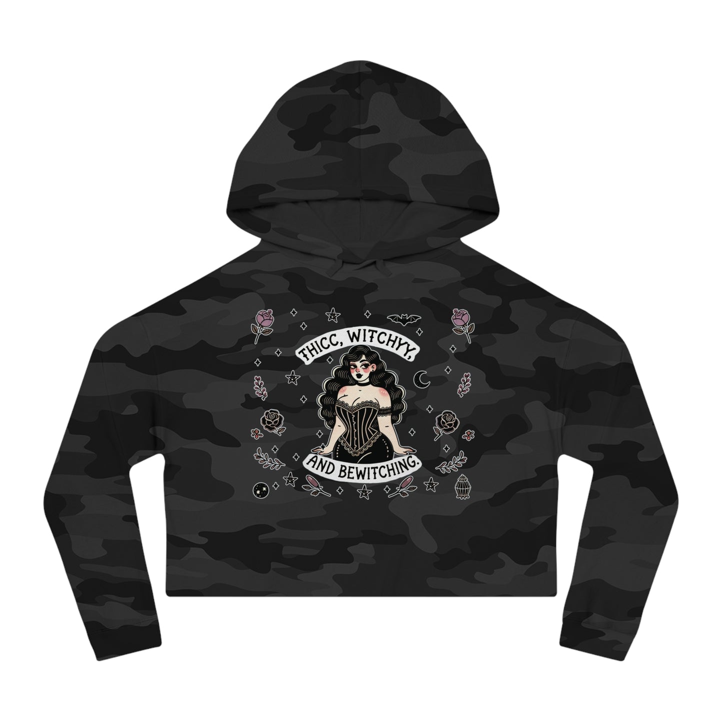 🌙 “Thicc Witchyy” Cropped Hooded Sweatshirt — cropped, curvy, and conjuring chaos 🖤🕯️✨