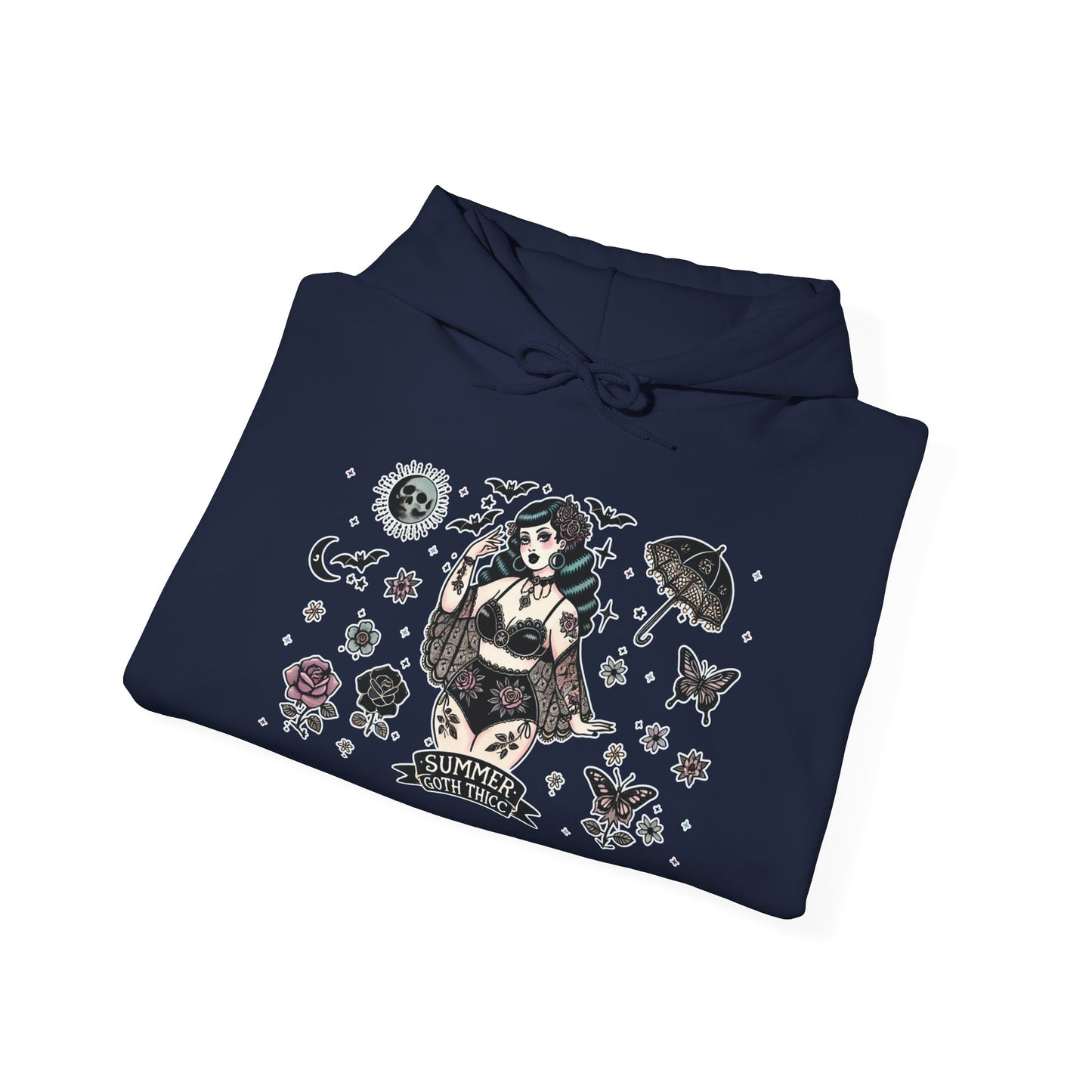 🕷️“Summer Goth Thicc” Unisex Heavy Blend™ Hooded Sweatshirt — hot, haunted, and too bold to melt 🖤🌞🕶️🕷️