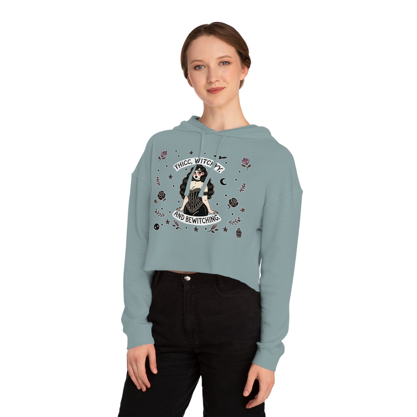 🌙 “Thicc Witchyy” Cropped Hooded Sweatshirt — cropped, curvy, and conjuring chaos 🖤🕯️✨