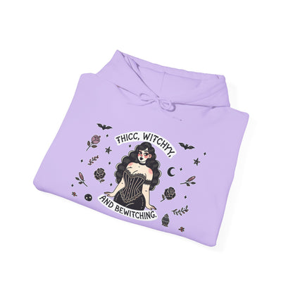🔮“Thicc Witchyy” Unisex Heavy Blend™ Hooded Sweatshirt — curvy, cursed, and casting chaos 🖤🕯️🌙✨