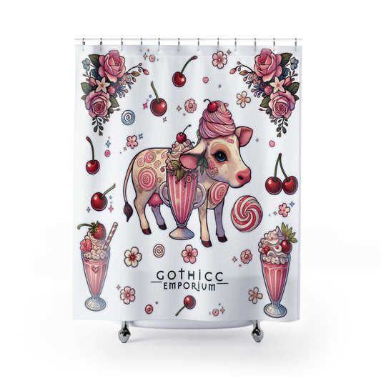 “Milkshake Cow” Shower Curtain in White — dairy drama, bathroom glam, and curves that cling 🐄🥤🛁✨