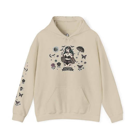 🕷️“Summer Goth Thicc” Unisex Heavy Blend™ Hooded Sweatshirt — hot, haunted, and too bold to melt 🖤🌞🕶️🕷️