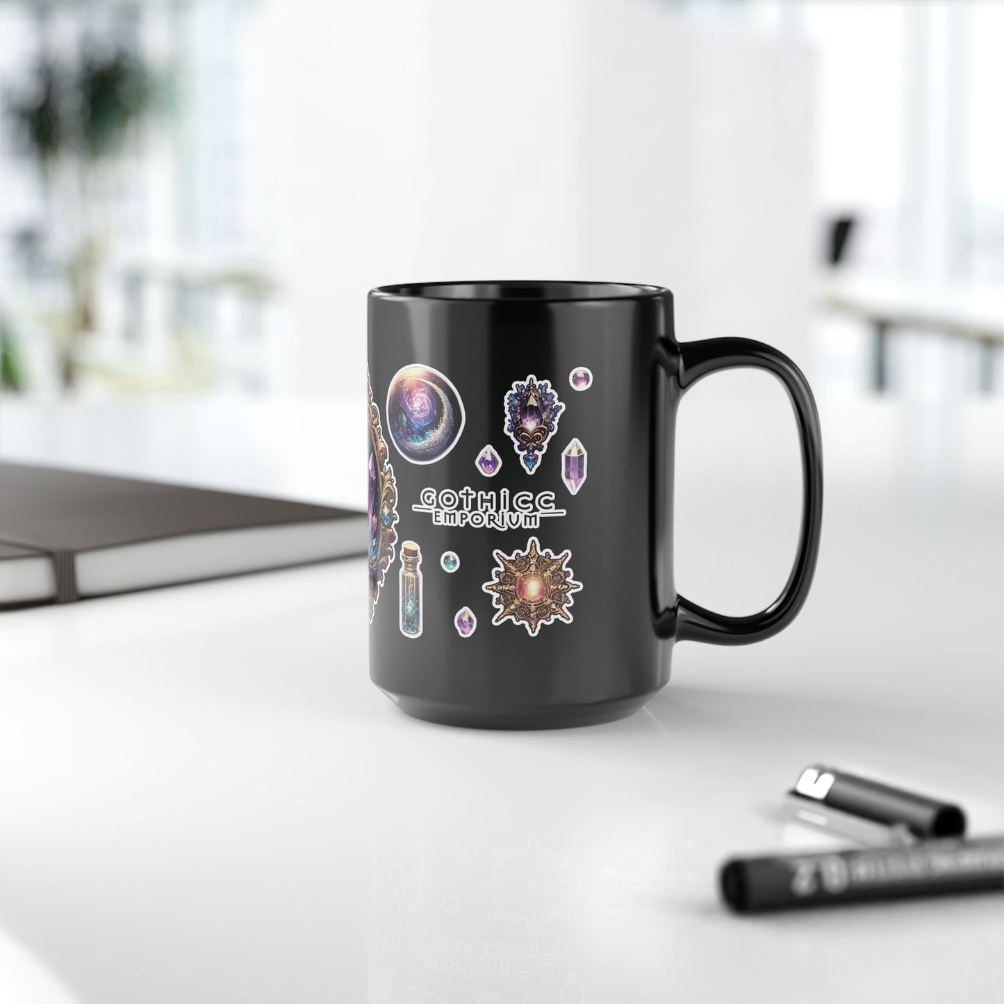 “Crystal Gem” Black Mug (11oz & 15oz) — mystical, moody, and made for magic sips 💎☕🌑✨