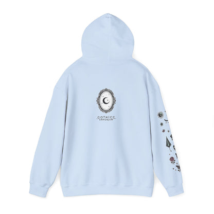 🕷️“Summer Goth Thicc” Unisex Heavy Blend™ Hooded Sweatshirt — hot, haunted, and too bold to melt 🖤🌞🕶️🕷️