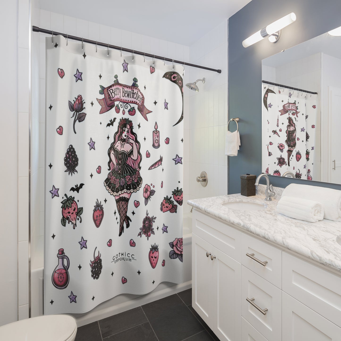 “Berry Bewitched” Shower Curtain – White — sweet spells & cursed cravings 🍓🔮🖤🚿